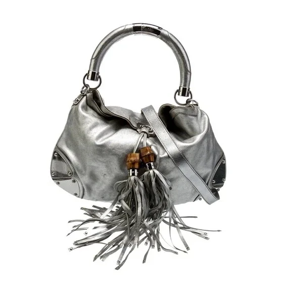 Authentic GUCCI Metallic Silver Leather Medium Indy Babouska Top Handle Bag - Picture 1 of 16